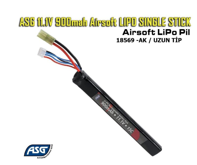 ASG 11.1v 900mAh 15C AK Serisi Uyumlu Uzun Single Stick Mini Tamiya Li-Po Pil
