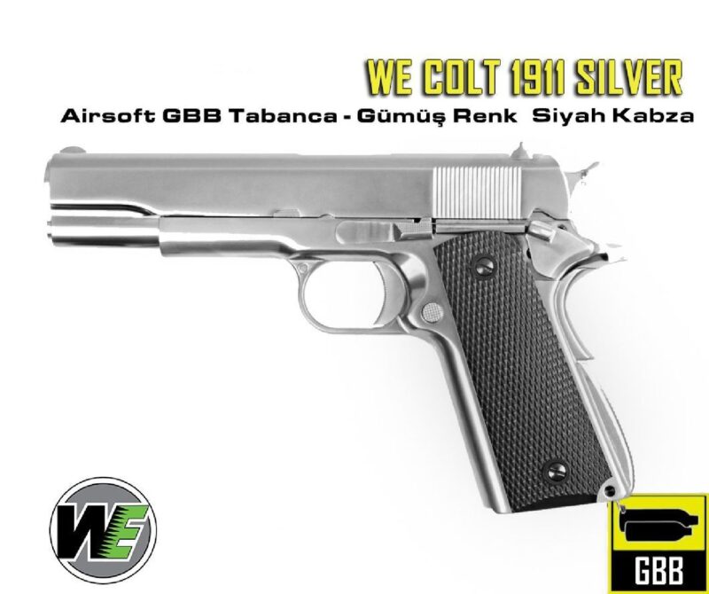 WE COLT 1911 Silver Klasik Siyah Kabza GBB Airsoft Tabanca - Görsel 2